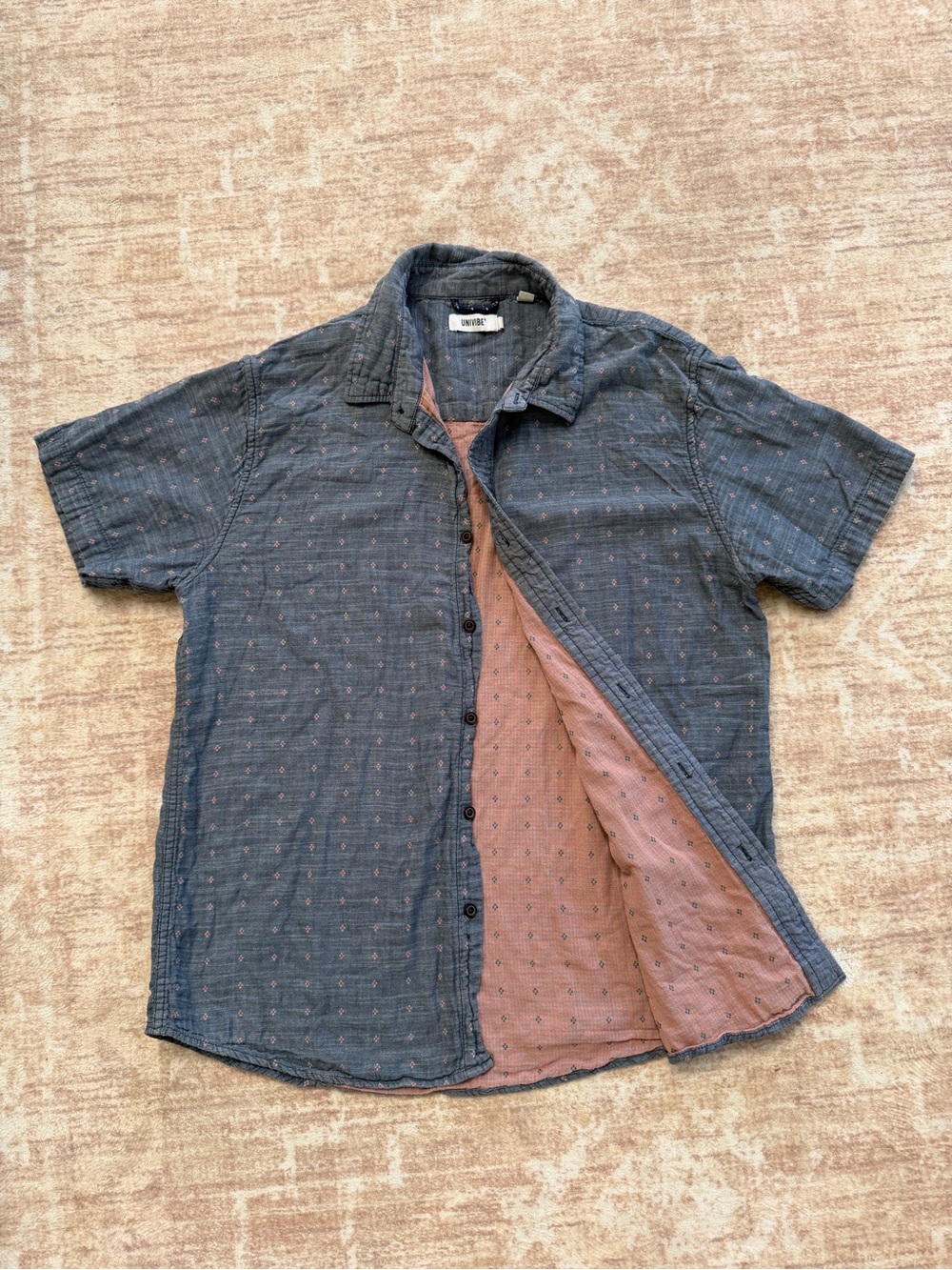Univibe Men's Short Sleeve Double Faced Shirt Blue Geometric Diamond Size L